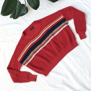 Red cropped knit sweater with stripes